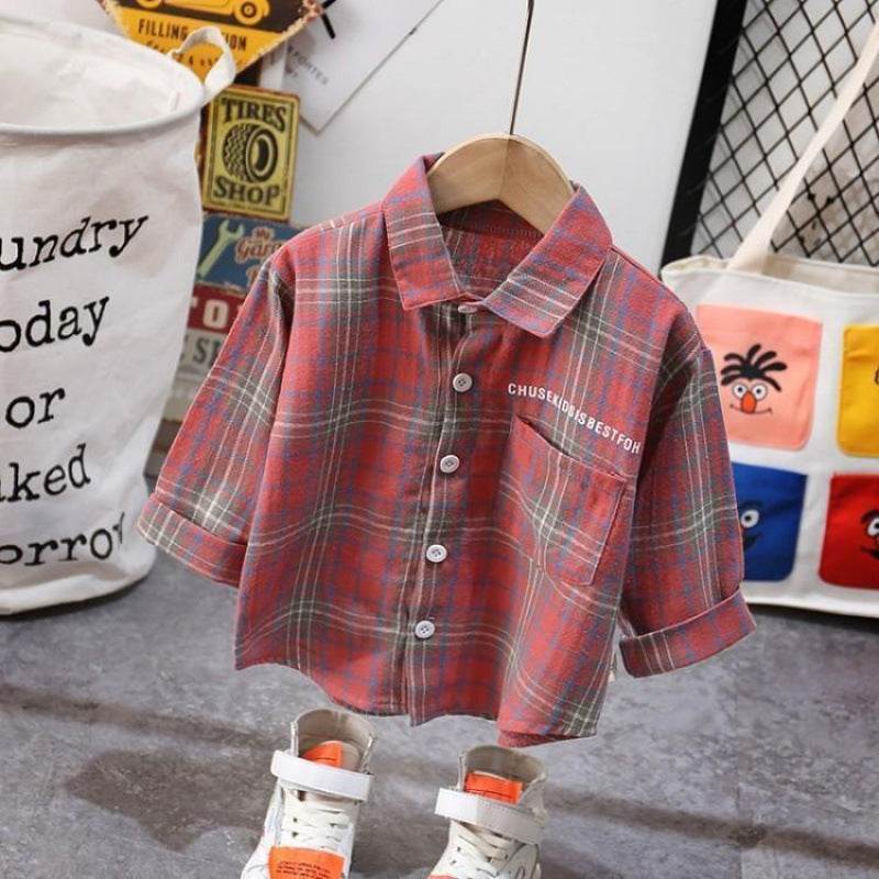 Boys Checkered Long Sleeve Shirt – Trendy Cotton Shirt in Blue, Green, and Red - Pasha