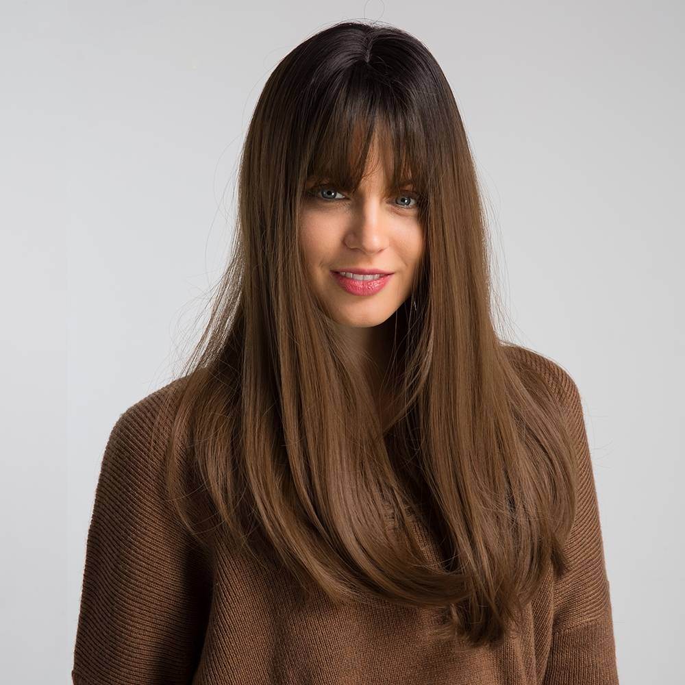 Heat-Resistant Long Straight Wig – Black-Brown & Bangs - Pasha