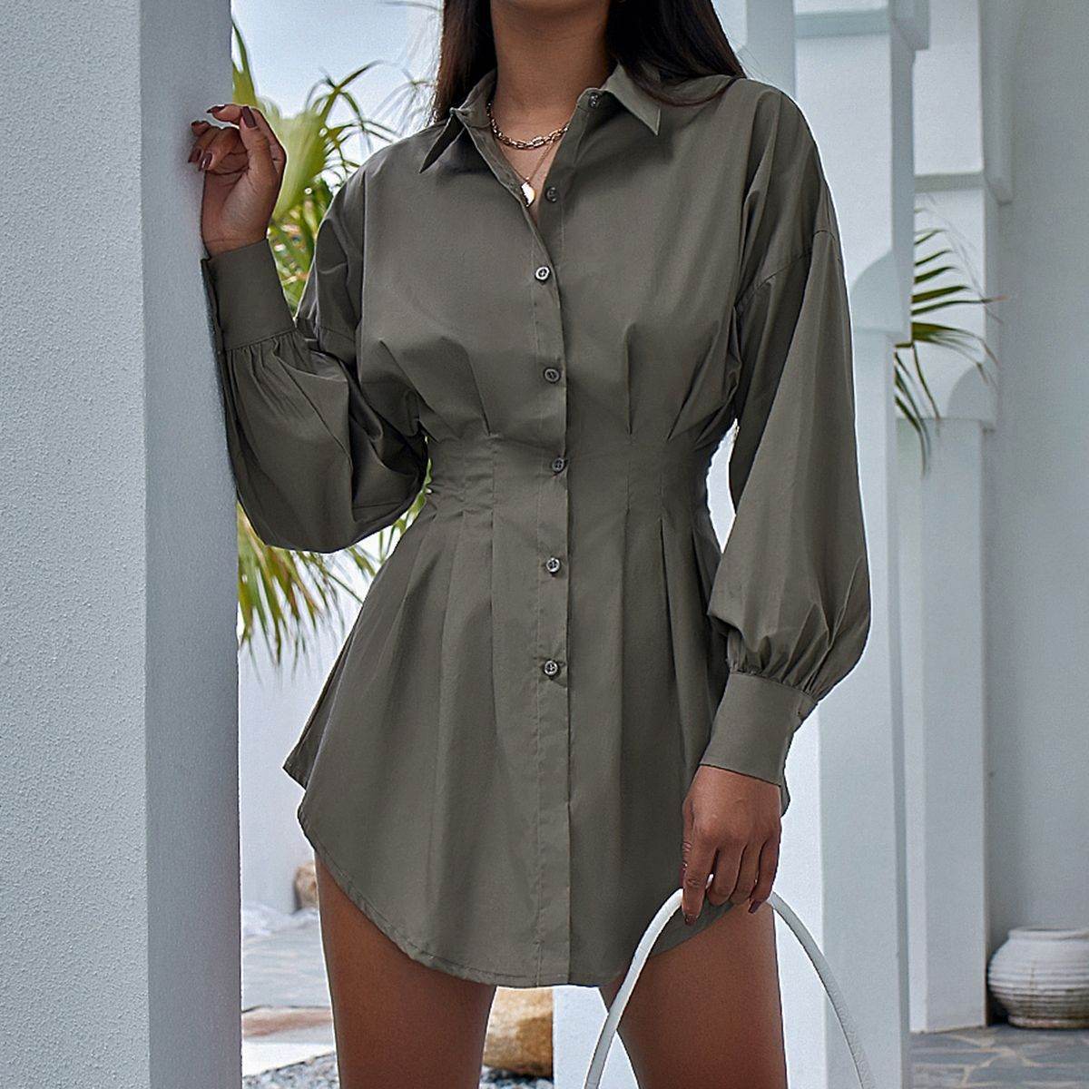 Extreme Shirt Dress Design Sense Waist Slim Sexy Fashion Long-Sleeved Pleated Skirt with girdle option - Pasha