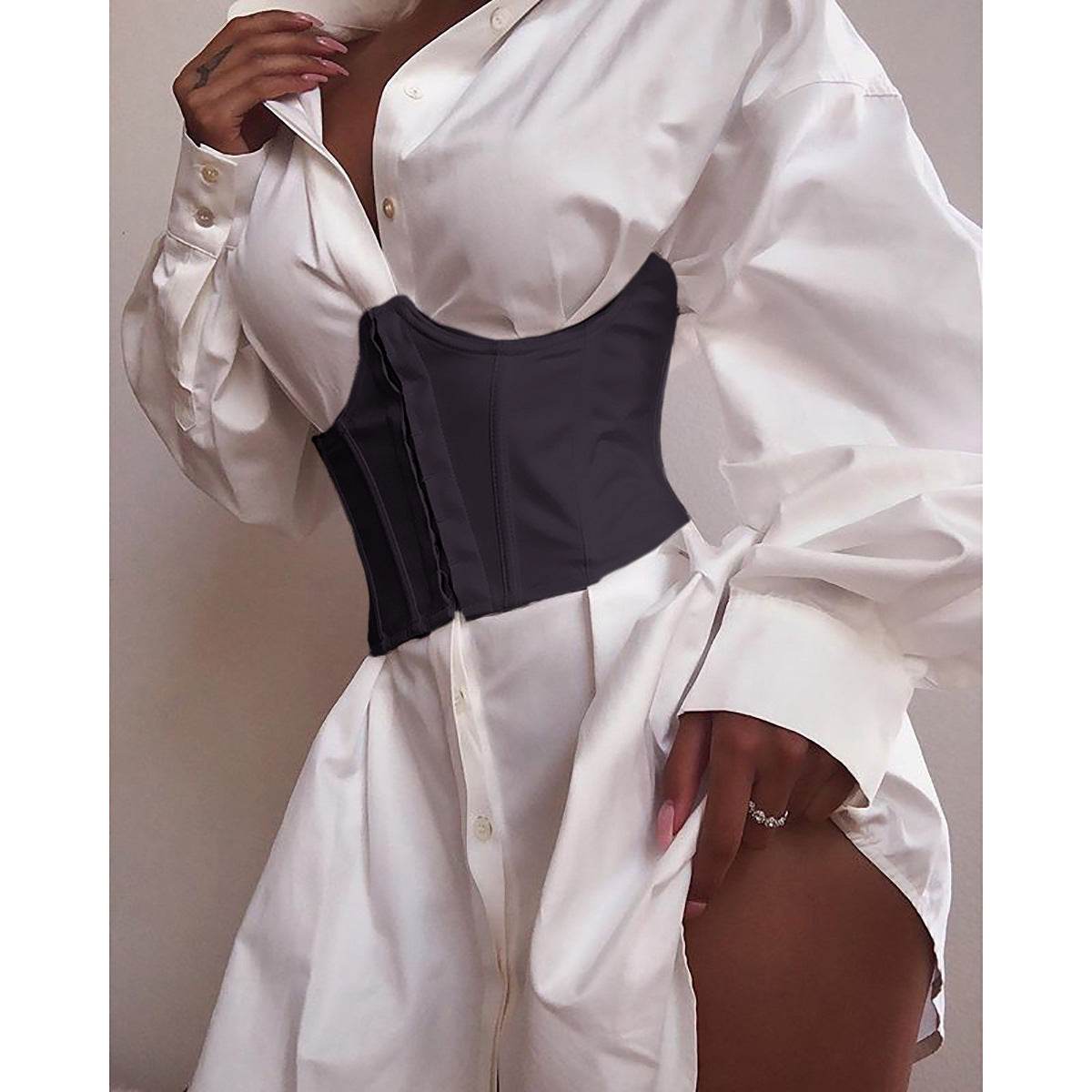 Extreme Shirt Dress Design Sense Waist Slim Sexy Fashion Long-Sleeved Pleated Skirt with girdle option - Pasha