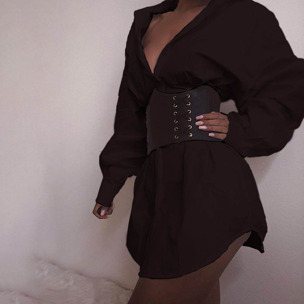 Extreme Shirt Dress Design Sense Waist Slim Sexy Fashion Long-Sleeved Pleated Skirt with girdle option - Pasha