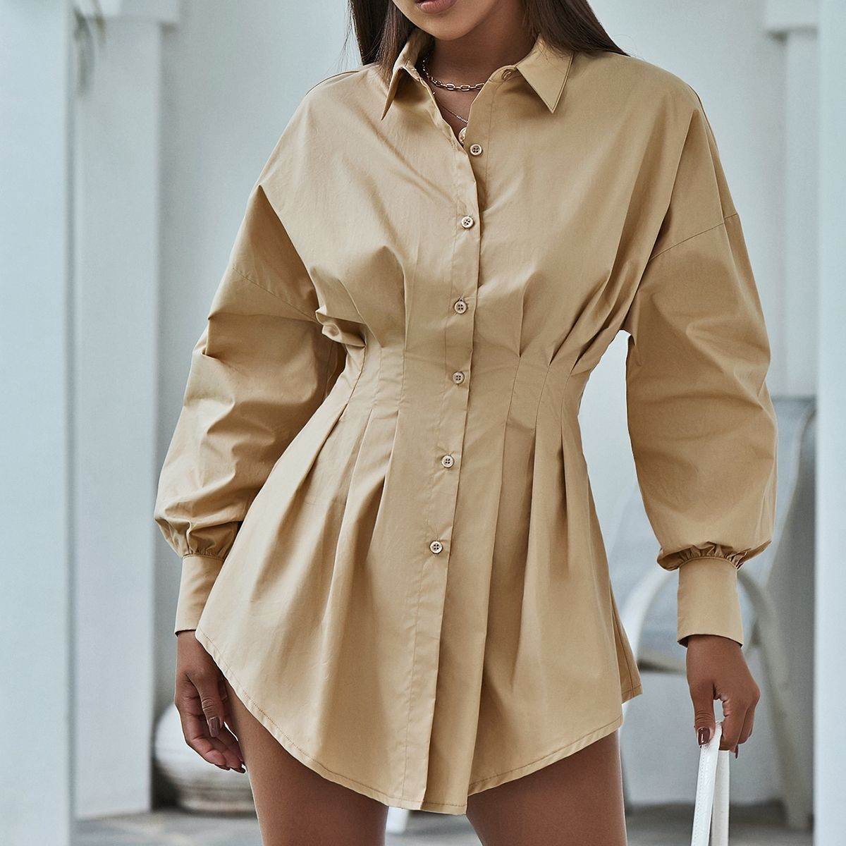Extreme Shirt Dress Design Sense Waist Slim Sexy Fashion Long-Sleeved Pleated Skirt with girdle option - Pasha
