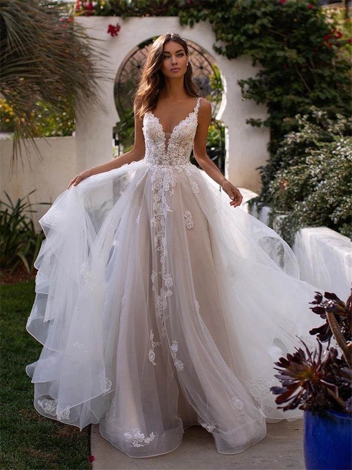 New Slim And Deep V Suspender Light Wedding Dress - Pasha