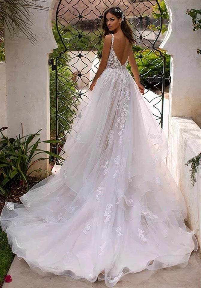 New Slim And Deep V Suspender Light Wedding Dress - Pasha