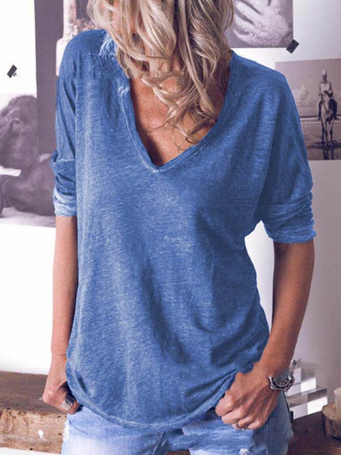 New Long Sleeved V Neck Loose Solid Color T-Shirt for women - Pasha