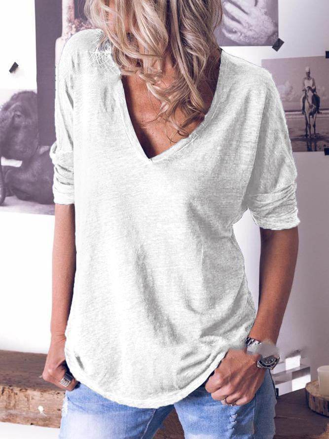 New Long Sleeved V Neck Loose Solid Color T-Shirt for women - Pasha