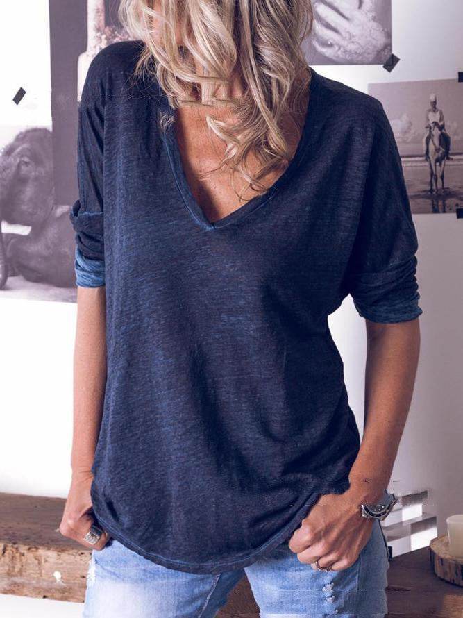 New Long Sleeved V Neck Loose Solid Color T-Shirt for women - Pasha