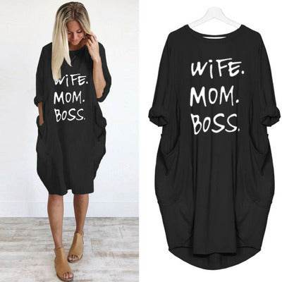 Loose Pocket Long Sleeve Print Dress-wife&mom&boss - Pasha