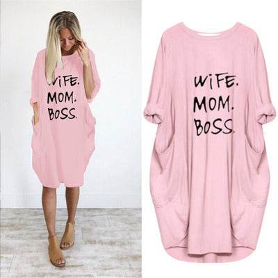 Loose Pocket Long Sleeve Print Dress-wife&mom&boss - Pasha