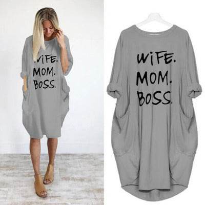 Loose Pocket Long Sleeve Print Dress-wife&mom&boss - Pasha