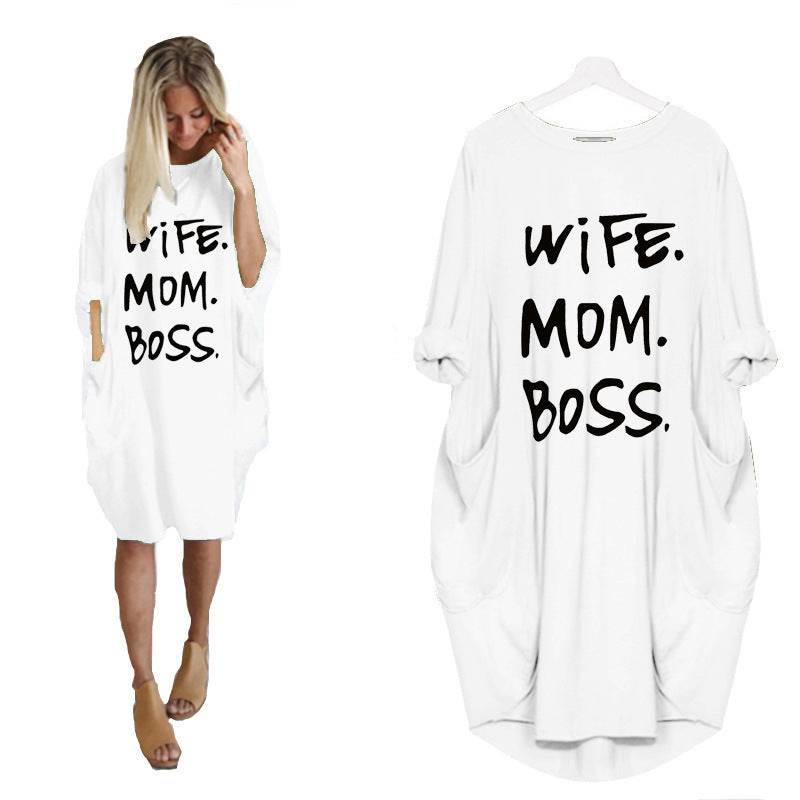 Loose Pocket Long Sleeve Print Dress-wife&mom&boss - Pasha