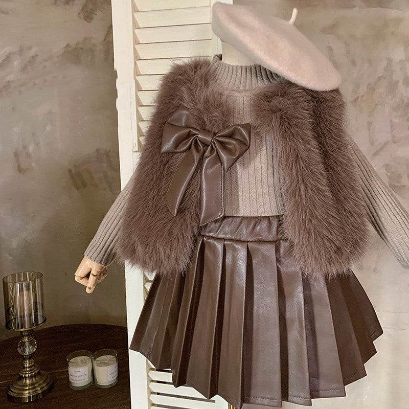 Retro Girl's Suit – Stylish Three-Piece Suit for Girls in Dark Brown-Camel - Pasha