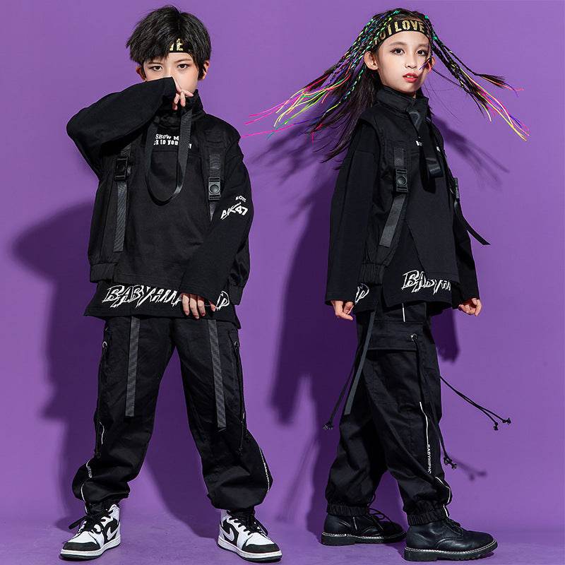 Trendy Hip-Hop Outfit for Kids – Cotton Black Set with Long Sleeve Top, Pants, and Vest - Pasha