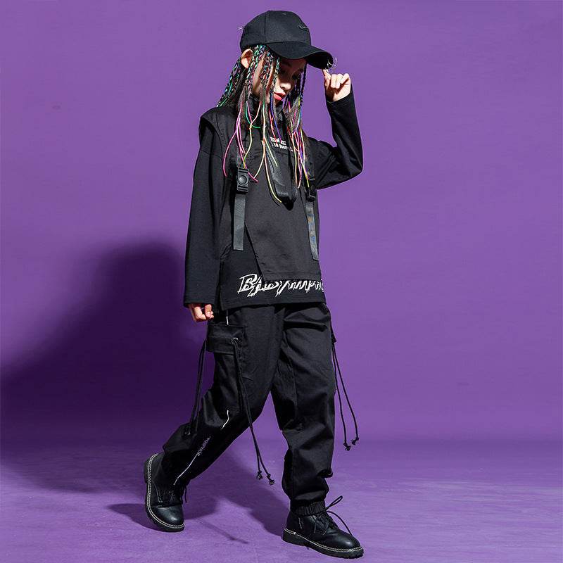 Trendy Hip-Hop Outfit for Kids – Cotton Black Set with Long Sleeve Top, Pants, and Vest - Pasha