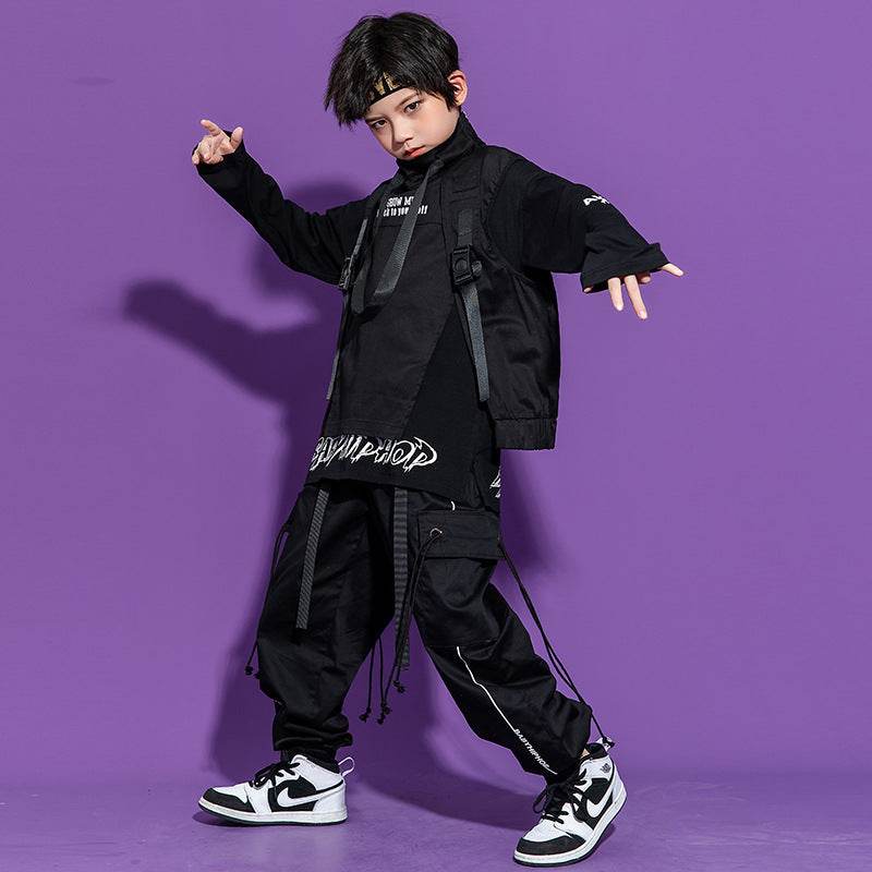 Trendy Hip-Hop Outfit for Kids – Cotton Black Set with Long Sleeve Top, Pants, and Vest - Pasha