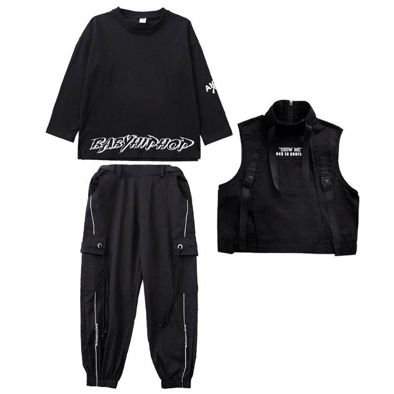 Trendy Hip-Hop Outfit for Kids – Cotton Black Set with Long Sleeve Top, Pants, and Vest - Pasha