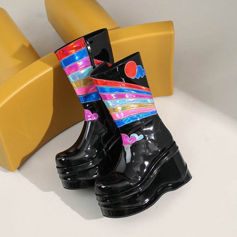 Kids&Women's Fashion Platform Knee-High Punk Side Boots – Stylish Black Boots with Wedge Heel - Pasha