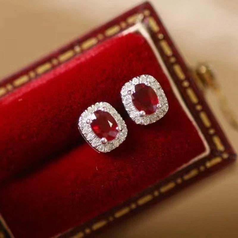 Exquisite 18K Gold Oval Earrings with Natural Pigeon Blood Red Rubies & Diamonds - Pasha