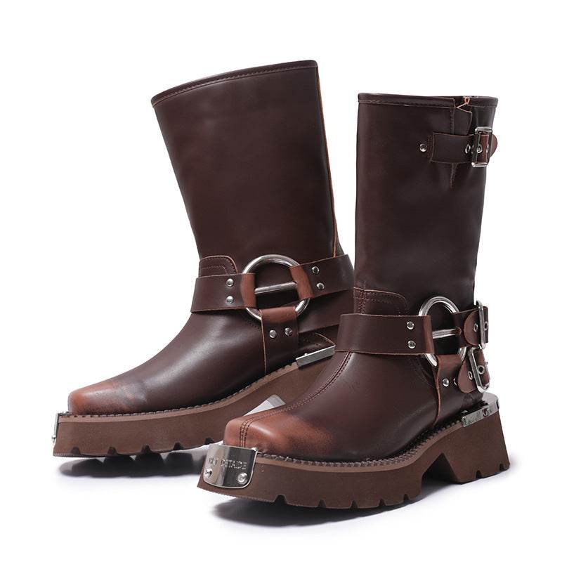 All-match Height Increasing Brown Sleeve Western Denim Ankle Boots - Pasha