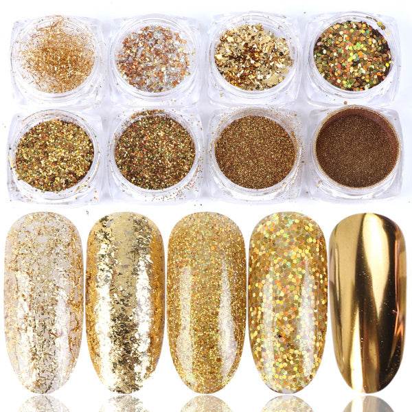 8 Box Mix Glitter Nail Art Powder Flakes Set – Holographic Iridescent Nail Art Glitter - Pasha