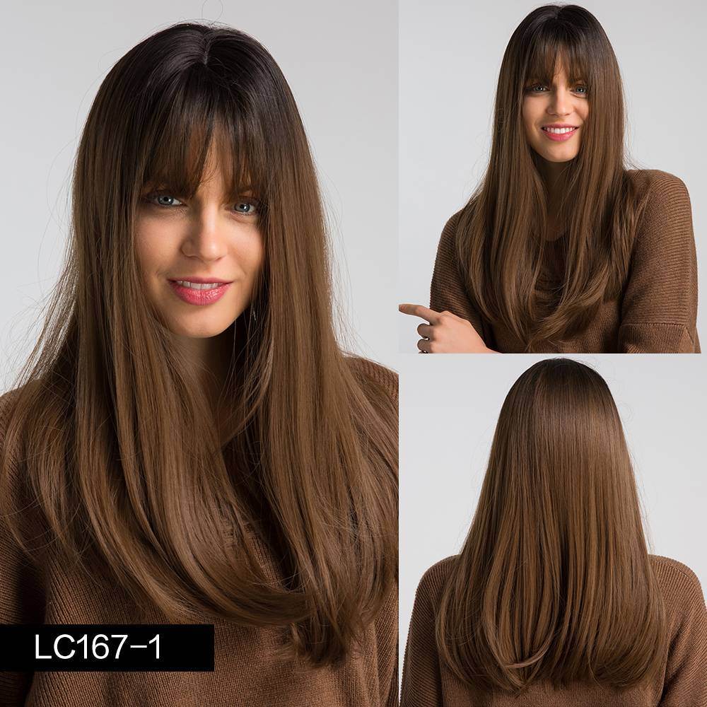Heat-Resistant Long Straight Wig – Black-Brown & Bangs - Pasha