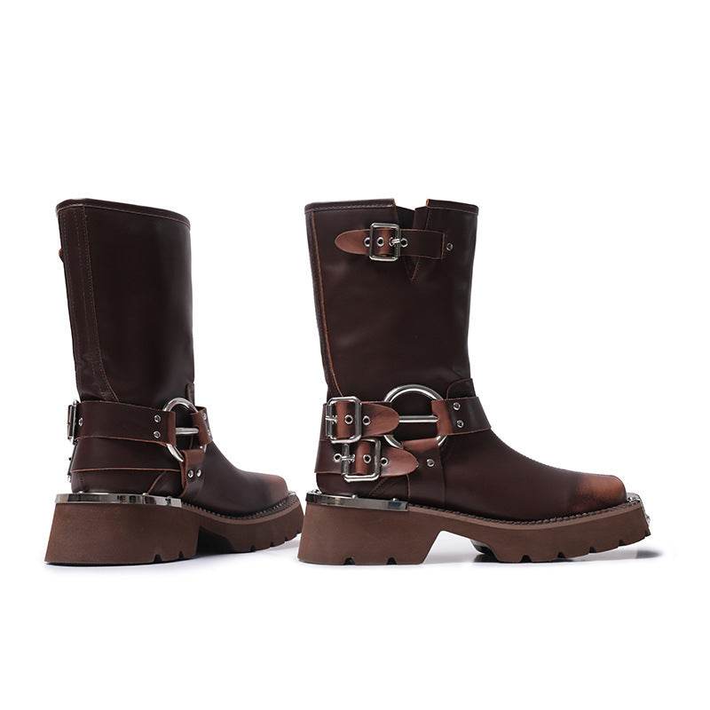All-match Height Increasing Brown Sleeve Western Denim Ankle Boots - Pasha