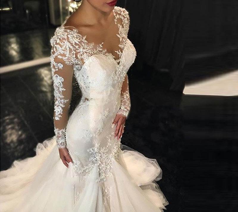 Trailing White Temperament Is Thin And Long Lace Wedding Dress - Pasha