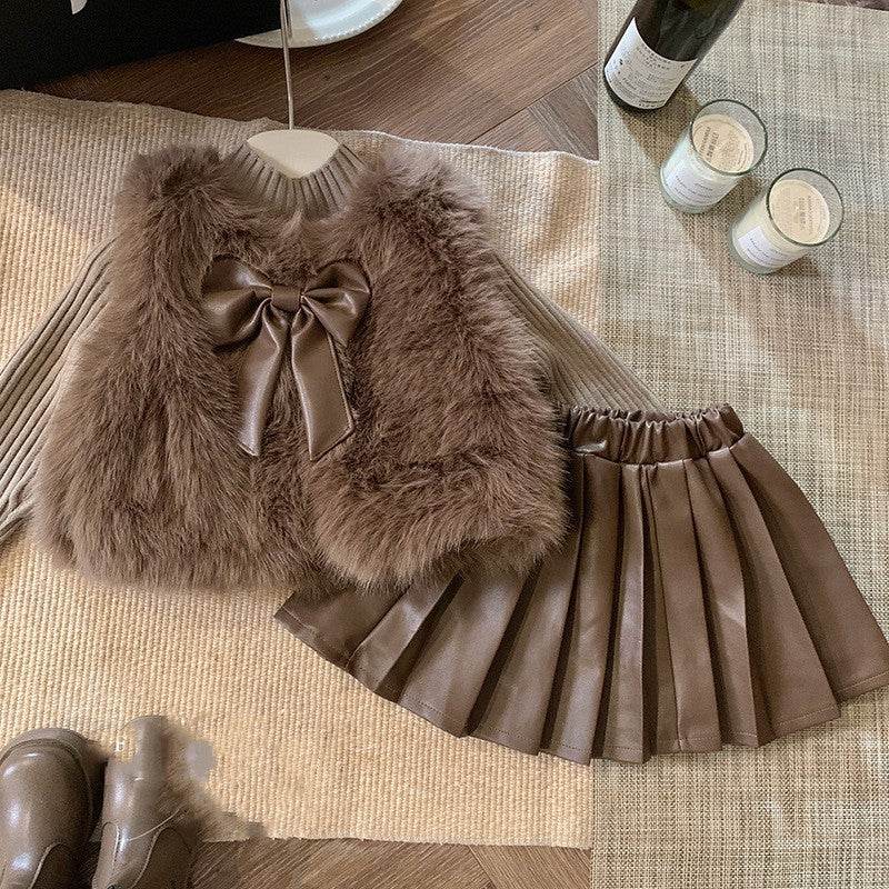 Retro Girl's Suit – Stylish Three-Piece Suit for Girls in Dark Brown-Camel - Pasha