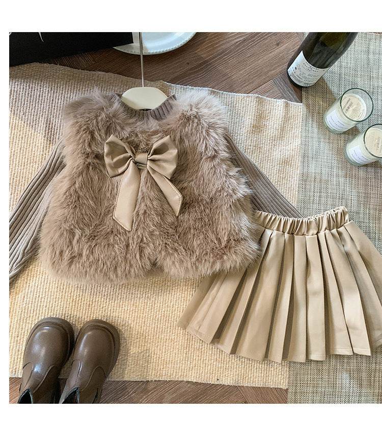 Retro Girl's Suit – Stylish Three-Piece Suit for Girls in Dark Brown-Camel - Pasha