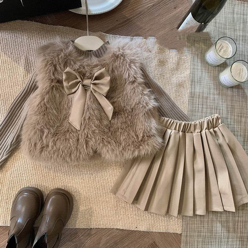 Retro Girl's Suit – Stylish Three-Piece Suit for Girls in Dark Brown-Camel - Pasha
