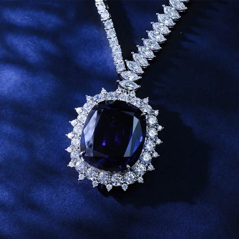 Elegant Geometric 925 Silver Necklace with Synthetic Sapphire for Women - Pasha