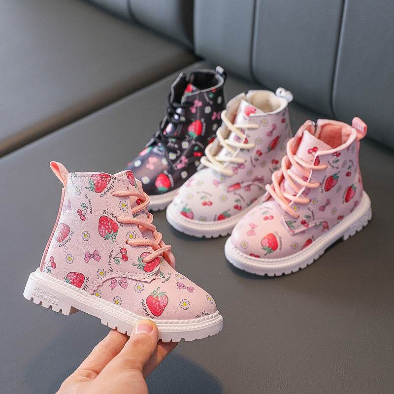 Girls Martin Boots with Cute Strawberry Pattern – Waterproof & Warm Winter Boots for Girls - Pasha