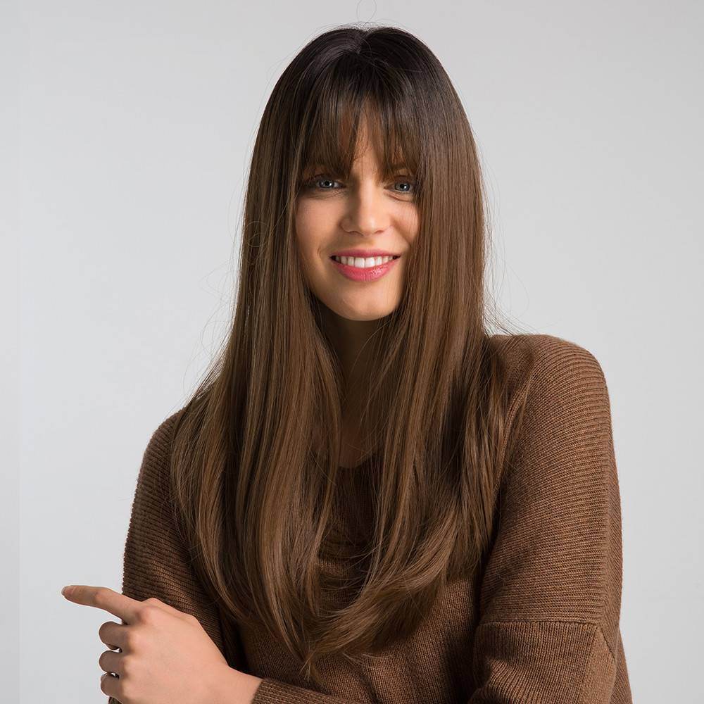 Heat-Resistant Long Straight Wig – Black-Brown & Bangs - Pasha
