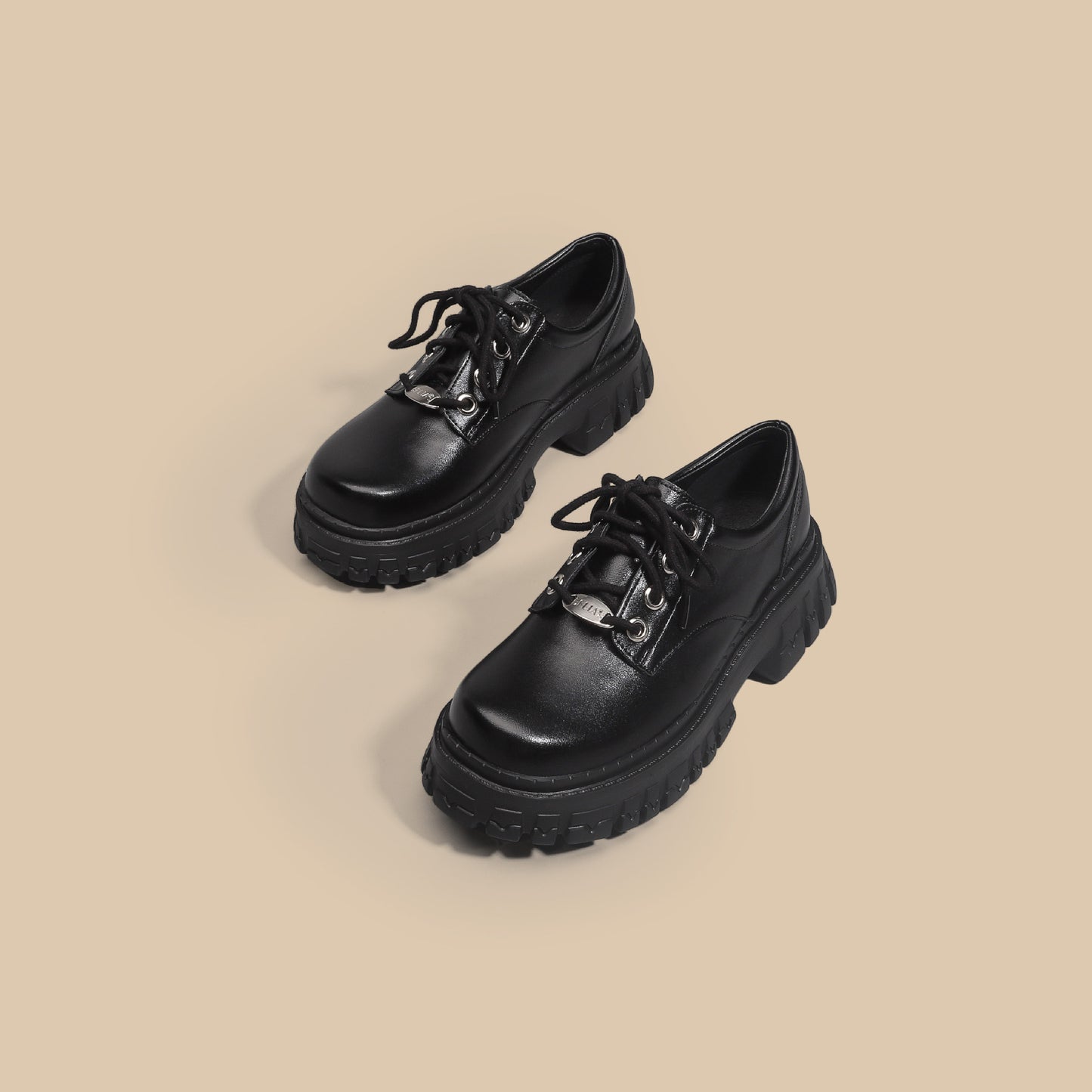 Women´s Platform Muffin Black British College Style Leather Shoes