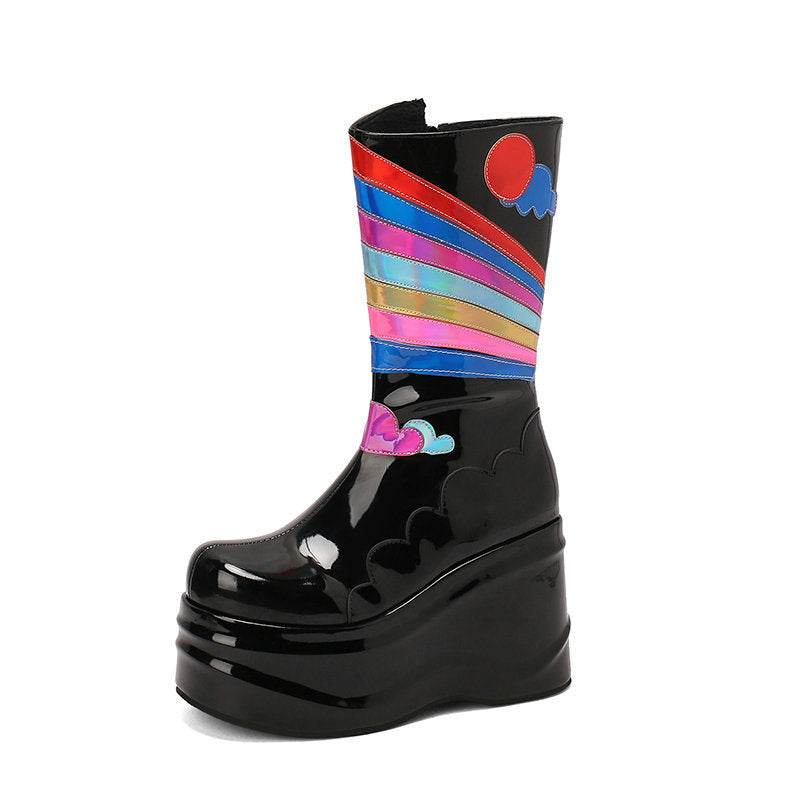 Kids&Women's Fashion Platform Knee-High Punk Side Boots – Stylish Black Boots with Wedge Heel - Pasha