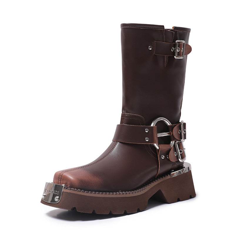 All-match Height Increasing Brown Sleeve Western Denim Ankle Boots - Pasha