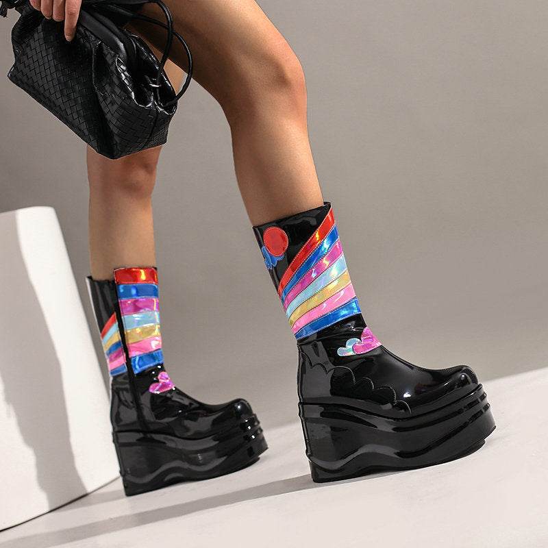 Kids&Women's Fashion Platform Knee-High Punk Side Boots – Stylish Black Boots with Wedge Heel - Pasha