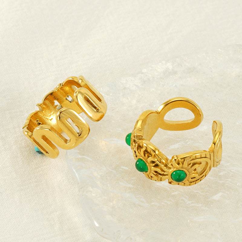 Elegant Stainless Steel Malachite Ring – Open Design in Gold - Pasha