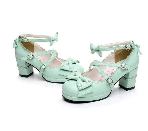 Sweet Lolita Chunky High Heel Shoes with Rhinestone Bow – Perfect Elegance for Any Occasion - Pasha