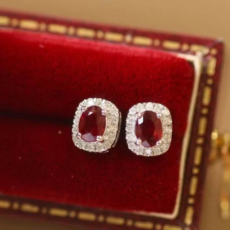 Exquisite 18K Gold Oval Earrings with Natural Pigeon Blood Red Rubies & Diamonds - Pasha