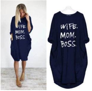 Loose Pocket Long Sleeve Print Dress-wife&mom&boss - Pasha