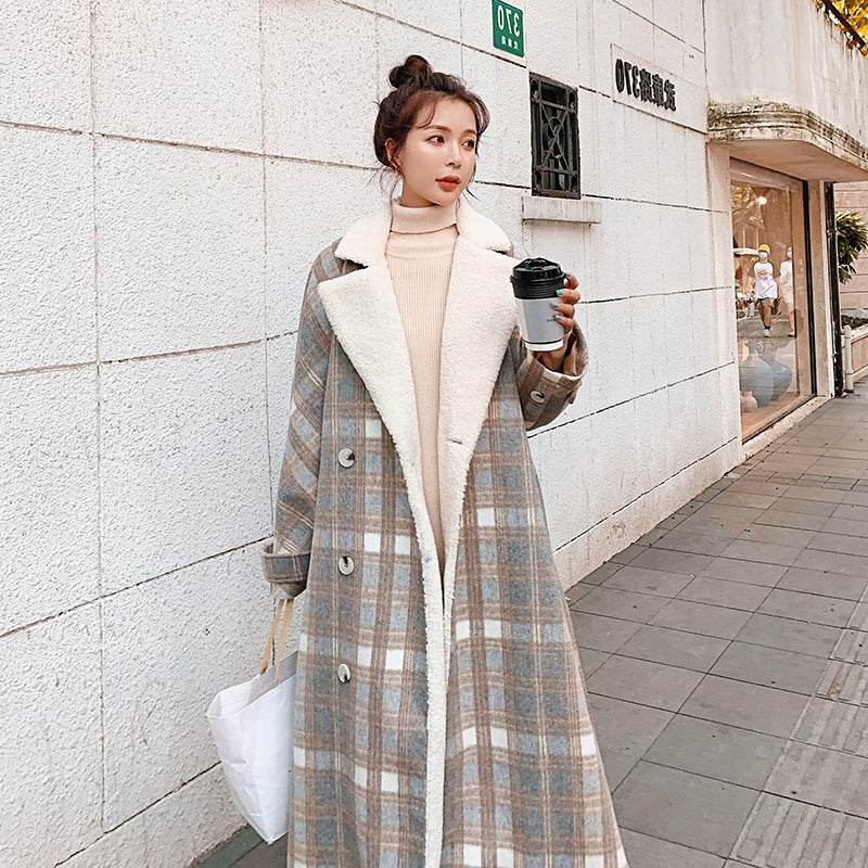 Fashion Women's Plush Thick Woolen Plaid Jacket - Pasha