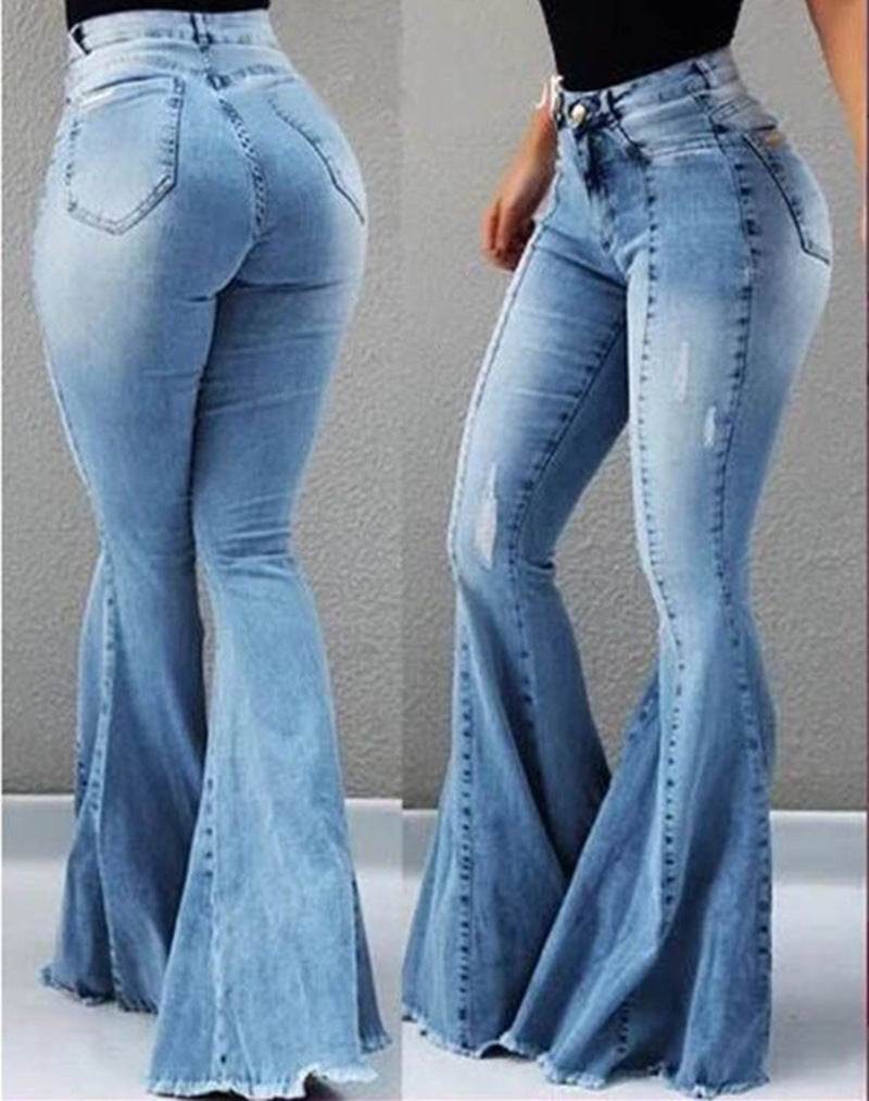 Elastic High-Waist Ripped Denim- Bell-Bottom Pants for women - Pasha