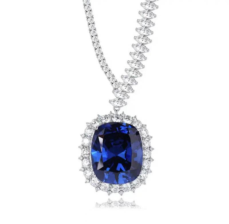 Elegant Geometric 925 Silver Necklace with Synthetic Sapphire for Women - Pasha