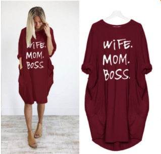 Loose Pocket Long Sleeve Print Dress-wife&mom&boss - Pasha