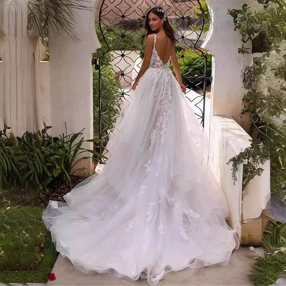 New Slim And Deep V Suspender Light Wedding Dress - Pasha