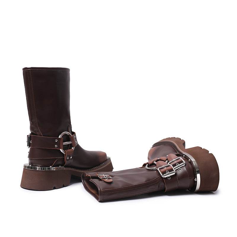 All-match Height Increasing Brown Sleeve Western Denim Ankle Boots - Pasha