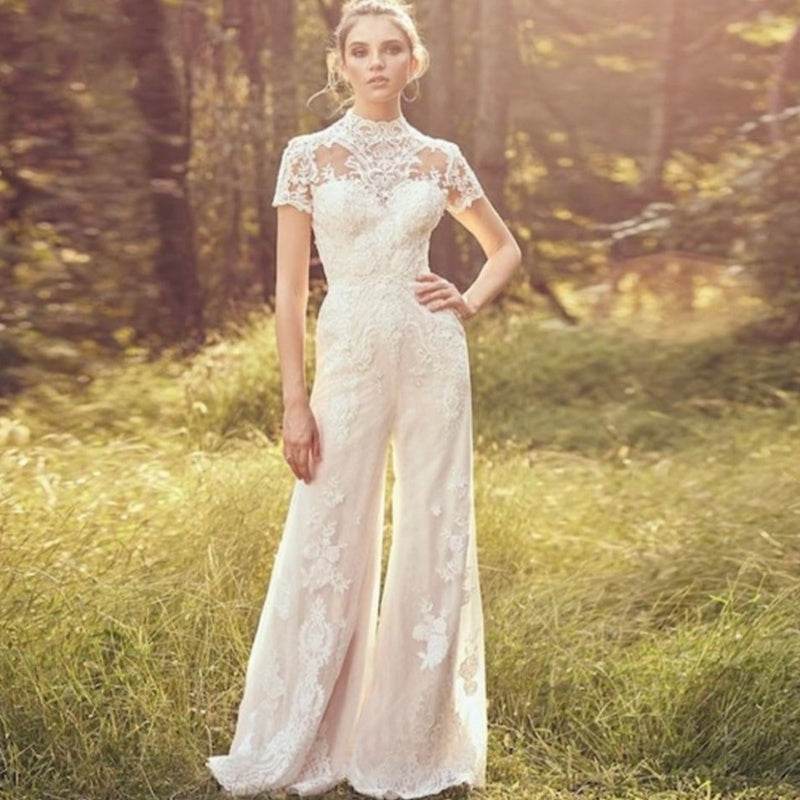 Bride Pants Suit Wedding Bridal Gowns Short Sleeve Jumpsuit - Pasha
