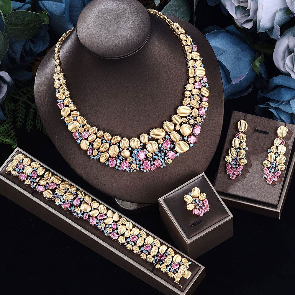 Exquisite Zircon Jewelry Set for Women – Necklace, Earrings, Adjustable Ring & Bracelet for Weddings and Special Occasions - Pasha