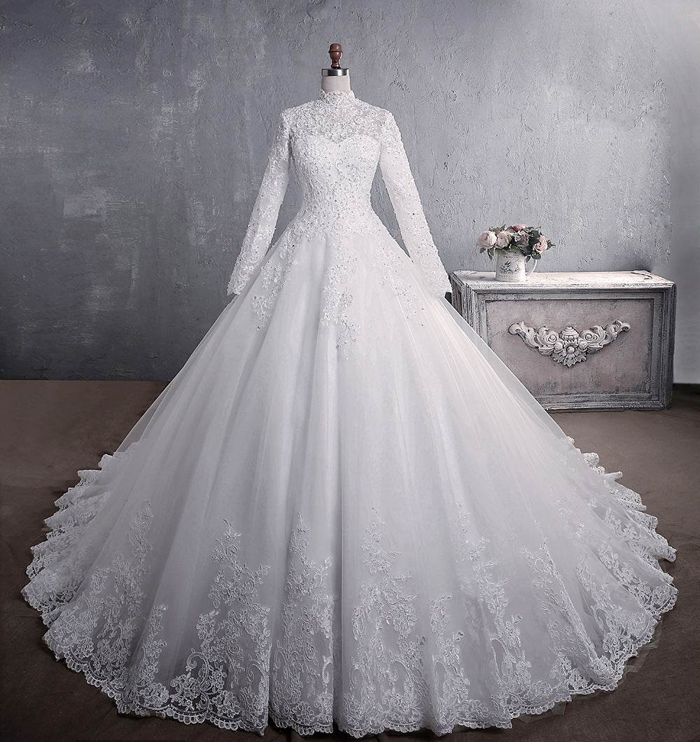 Long Sleeve Lace Wedding Dress – High Collar Style - Pasha